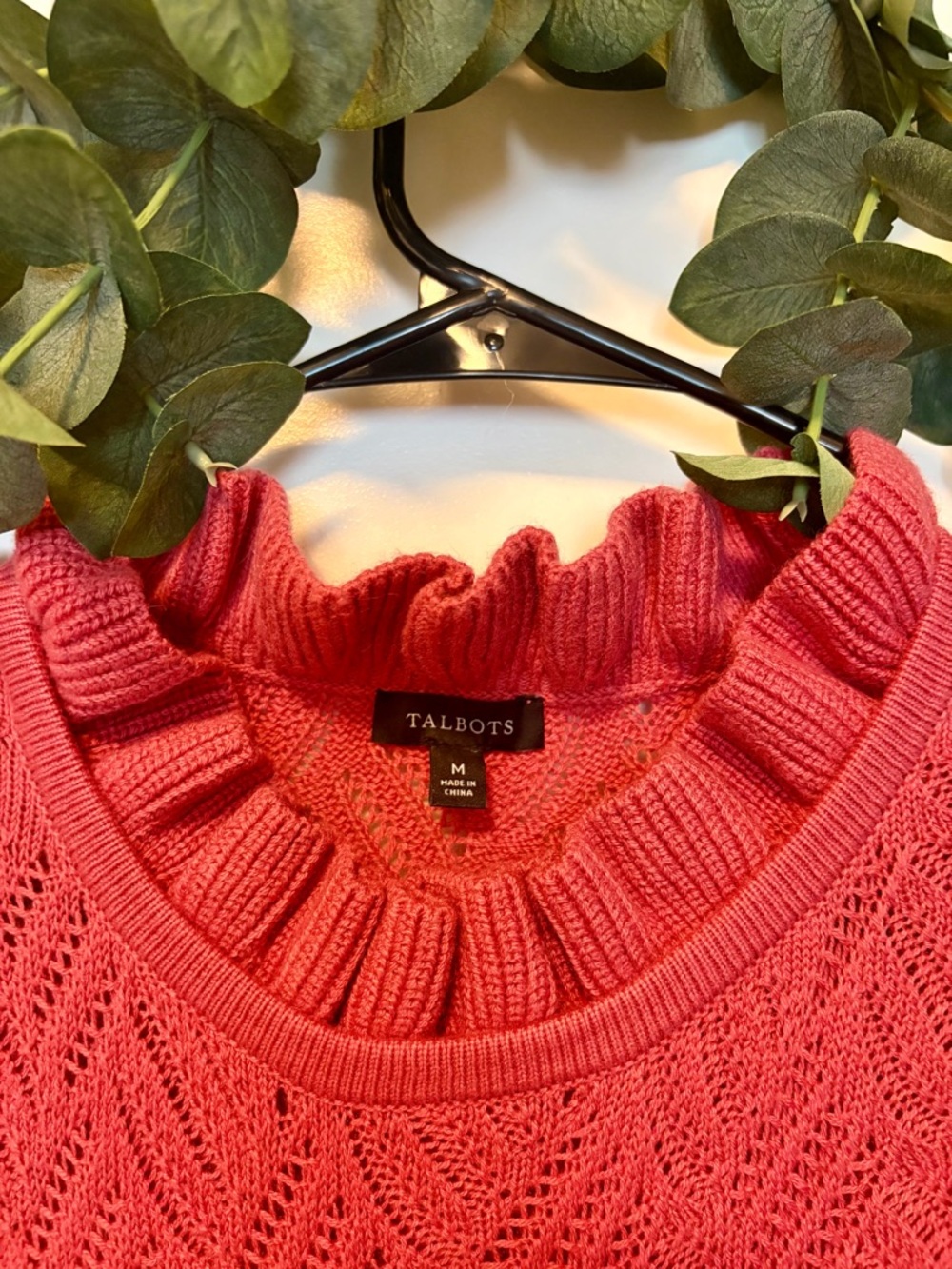 Talbots Pink Ruffle-Neck Cotton Wool Knit Sweater